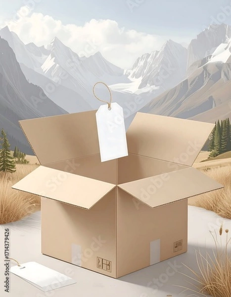 Obraz Open cardboard box on a grassy plain, mountains in the background