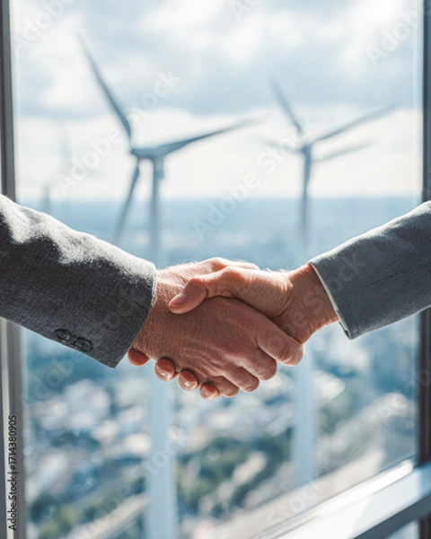 Fototapeta Two individuals shake hands in front of wind turbines, symbolizing collaboration and commitment to sustainable energy solutions.