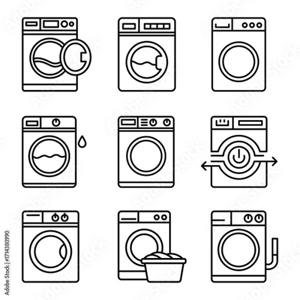 Obraz Nine different washing machine icons, showcasing various designs and operational stages. This graphic emphasizes the diversity of laundry machines and their functions