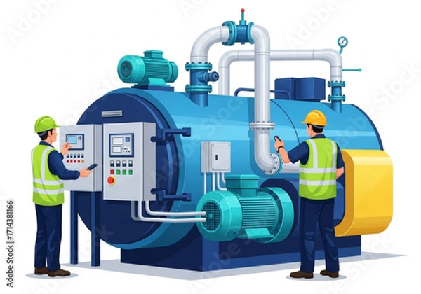 Fototapeta Industrial Workers Maintaining Steam Boiler with Control Panel