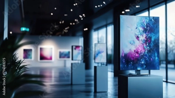Fototapeta Sophisticated interior of a modern art gallery featuring a captivating exhibition of vibrant and abstract digital paintings