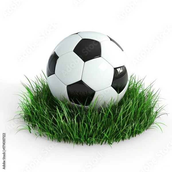 Fototapeta A classic black and white soccer ball rests in a small patch of vibrant green grass, set against a stark white background, creating a clean and visually appealing image