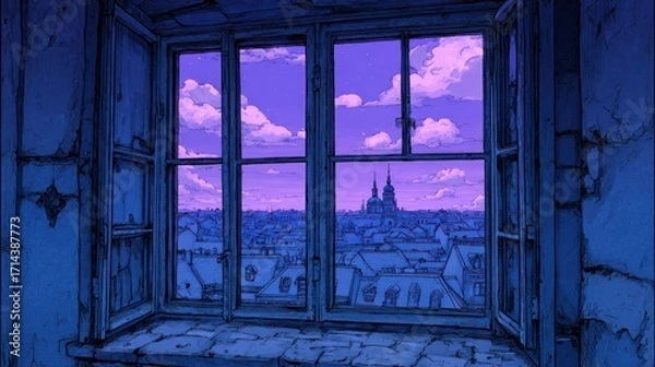 Fototapeta Window view of cityscape at dusk