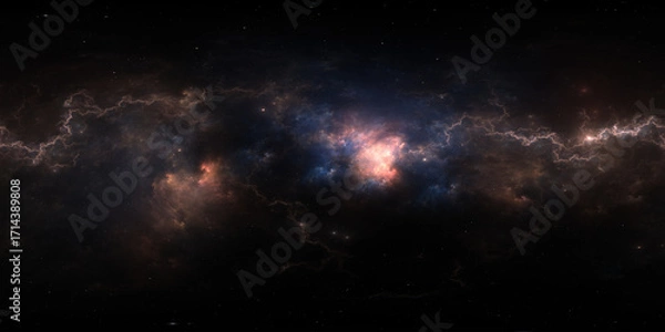 Fototapeta 360 degree space nebula. Giant interstellar cloud with stars, equirectangular projection, environment map. Spherical panorama. 3D rendering, Fractal image