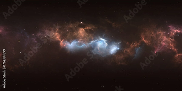 Fototapeta 360 degree space nebula. Giant interstellar cloud with stars, equirectangular projection, environment map. Spherical panorama. 3D rendering, Fractal image