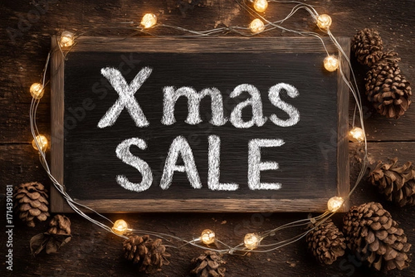 Fototapeta Christmas Sale Chalkboard Banner with String Lights and Pine Cones