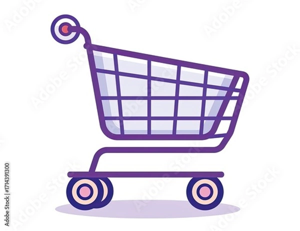Fototapeta A stylized illustration of a shopping cart, purple with a light gray interior, shown from a three-quarter perspective, cast shadow underneath, simple line art style