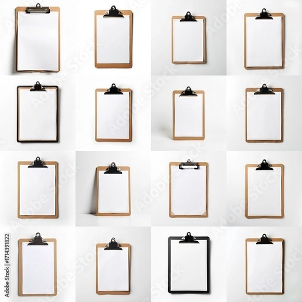 Fototapeta Collection of brown clipboards with a blank white paper on it.