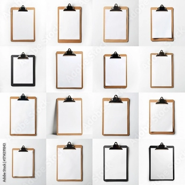 Fototapeta Collection of brown clipboards with a blank white paper on it.