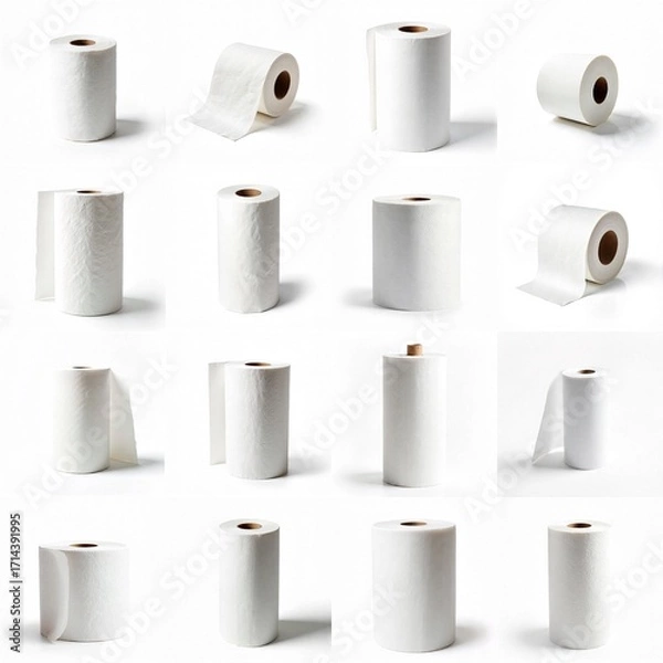 Fototapeta Collection of white rolls of paper towel against a white backdrop.