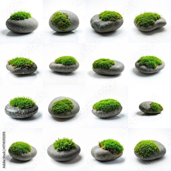 Fototapeta Collection of gray rock with moss growing out of it against white background