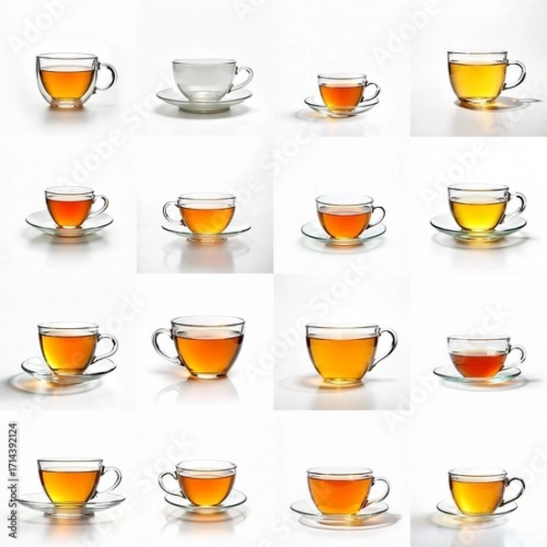 Fototapeta Collection of mugs filled with an orange liquid sitting on a table.