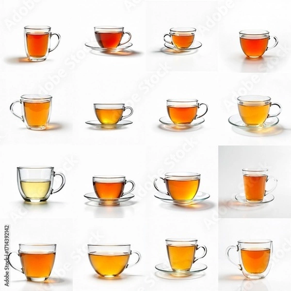 Fototapeta Collection of mugs filled with an orange liquid sitting on a table.