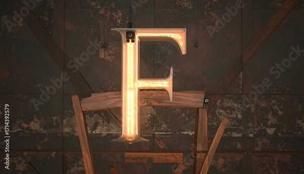 Fototapeta Illuminated capital letter F on rustic backdrop