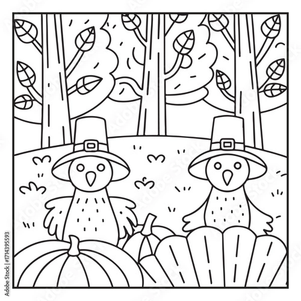 Obraz Thanksgiving Coloring Pages – Cute and Easy Holiday Designs with Turkeys, Pumpkins, Fall Leaves, and Harvest Scenes for Kids and Adults