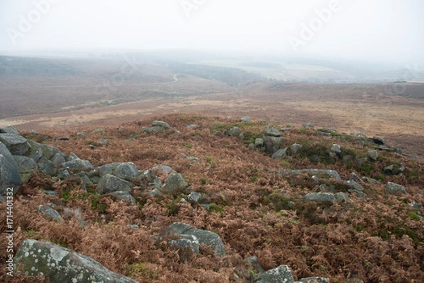 Fototapeta Mist descends and obscures the landscape on a foggy day in the Peak District