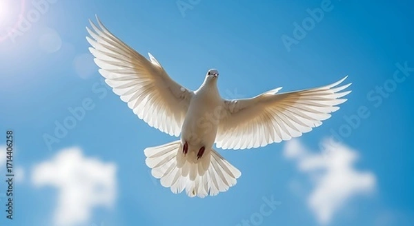 Fototapeta A white dove flies gracefully in a clear blue sky with soft clouds.