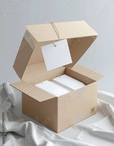 Obraz Opened cardboard box with blank tags