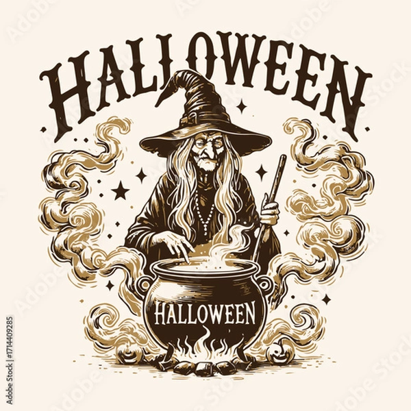 Fototapeta Halloween granny witch spelling with the cauldron vector design