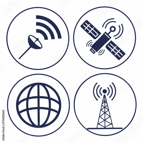 Fototapeta Four circular icons representing global communication technologies including a satellite dish broadcasting signals a satellite in orbit a terrestrial globe and a broadcast tower transmitting waves