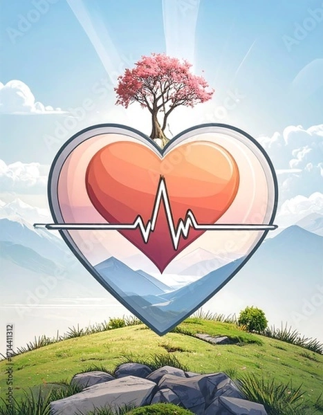 Fototapeta Heart-shaped graphic with a serene landscape