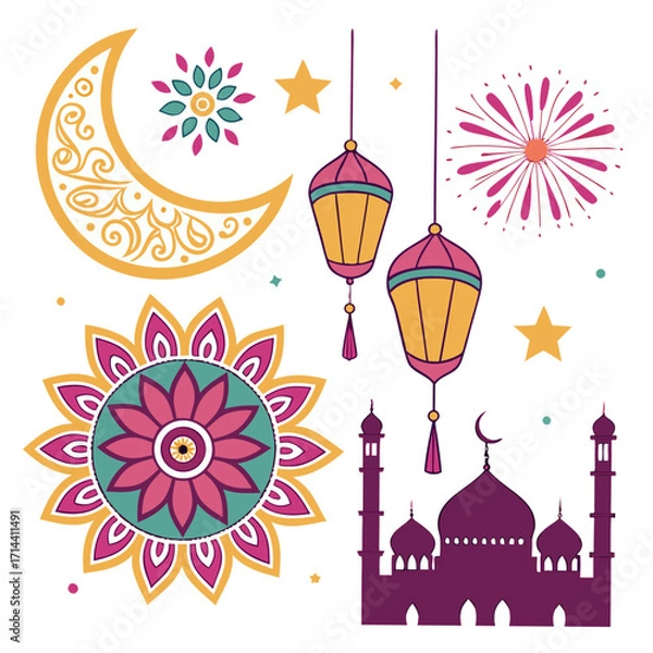 Fototapeta Eid mubarak celebration with mosque, moon, and lanterns ideal for greeting cards, banners, and cultural event promotions