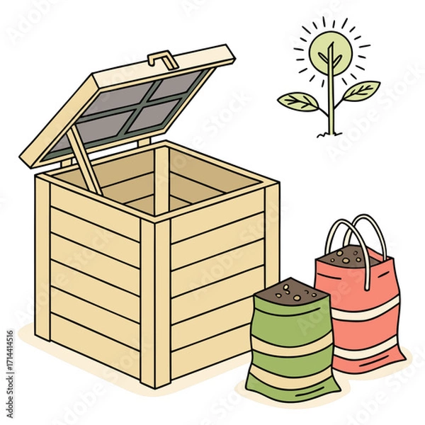 Fototapeta Illustration of a wooden compost bin with an open lid next to two bags of soil and a sprouting plant symbolizing growth and gardening