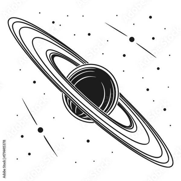 Fototapeta Stylized illustration of a ringed planet or celestial body with a dark core and concentric rings against a backdrop of stars and streaks