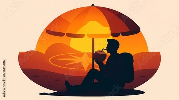 Fototapeta Silhouette of a traveler relaxing under an umbrella while sipping drink at sunset - Concept of creatine supplement  