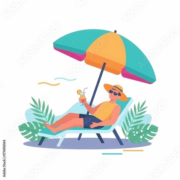 Fototapeta Man relaxing under umbrella while sipping drink by tropical plants - Concept of creatine supplement  