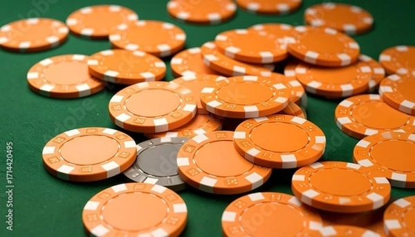 Obraz Orange and grey casino chips on a green felt table