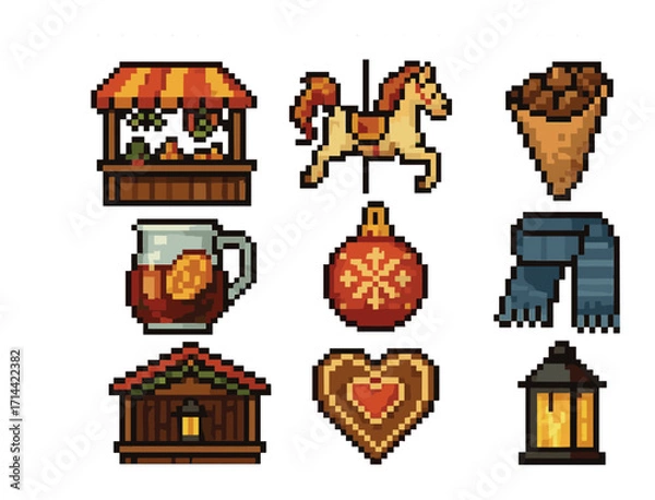 Obraz Christmas markets pixel icon set. featuring stall, horse, mulled wine, ornament, cone, scarf, cabin, gingerbread heart, lantern