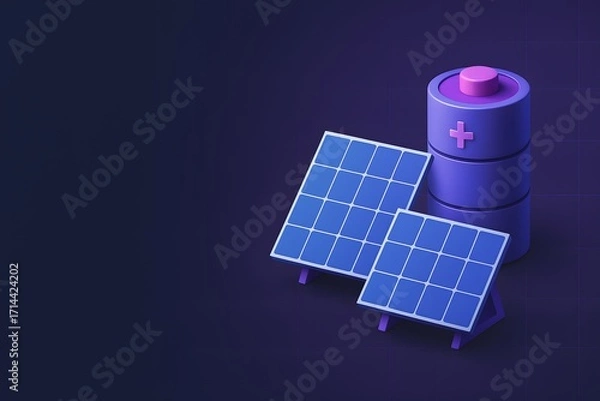 Obraz Renewable Energy Concept with Solar Panels and a Stacked Battery on a Dark Background