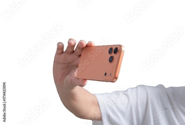 Fototapeta A person is holding a phone and taking a picture of themselves