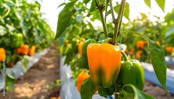 Obraz Orange bell peppers growing in rows