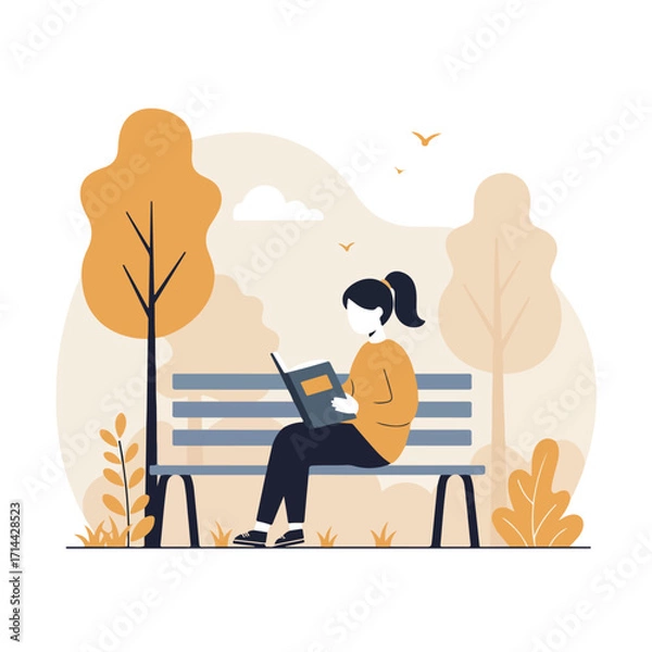 Fototapeta Woman reading a book on a park bench, surrounded by trees and nature illustrations