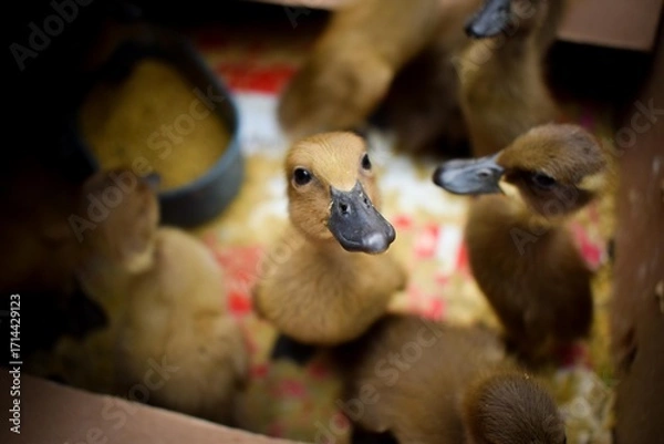 Fototapeta A group of cute ducklings in the coop