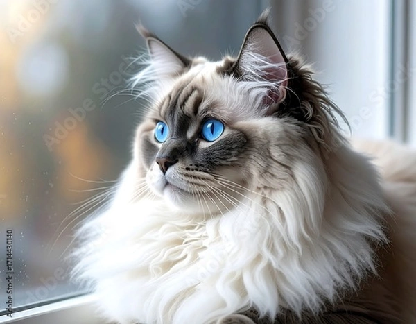 Fototapeta Fluffy Ragdoll cat looking out a window