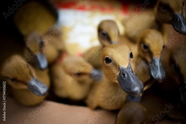 Fototapeta A group of cute ducklings in the coop