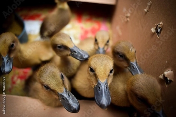 Fototapeta A group of cute ducklings in the coop