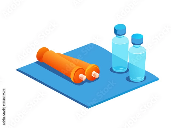Obraz Two orange insulin pens and two water bottles on a blue mat isolated on transparent background