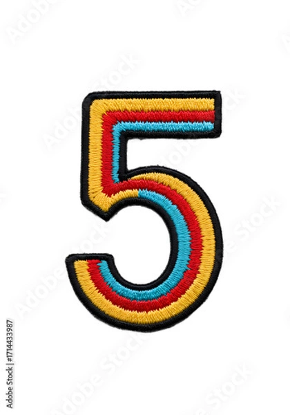 Obraz Embroidered Number 5 Patch with Red, Blue, and Yellow Stripes png clear alpha channel cutout isolated on transparent background