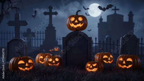Fototapeta Spooky Halloween Graveyard Digital Artwork with Glowing Jack-O’-Lanterns, Gothic Castle, and Full Moon Night