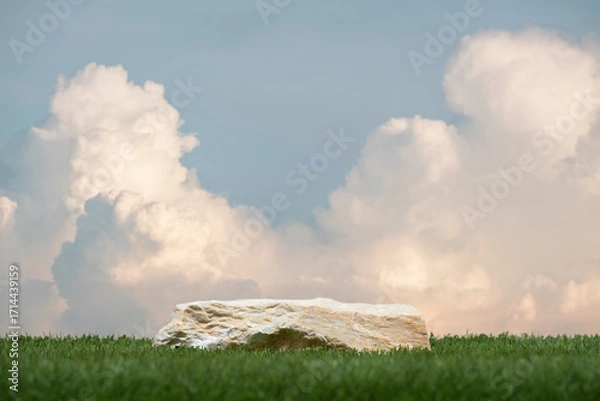 Fototapeta Surreal stone podium with green grass white clouds on blue sky nature forest background.Product present natural placement pedestal minimal display,paradise dreamy concept.