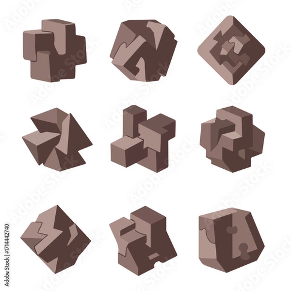 Fototapeta Nine isometric abstract 3D block sculptures in brown on a white background arrangement