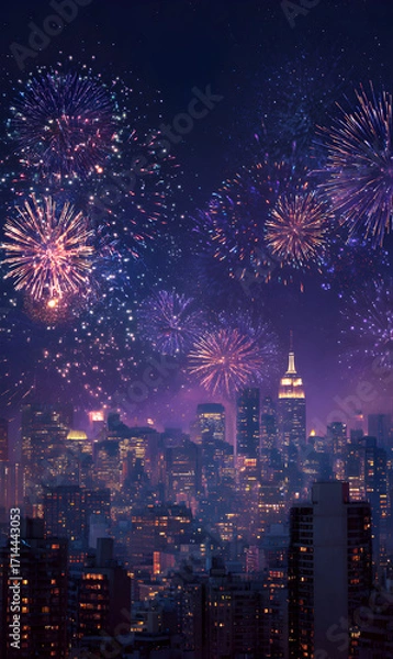 Fototapeta Spectacular city skyline illuminated by bursting fireworks creating a mesmerizing display above modern architecture symbolizing celebrations and festive nights with urban
