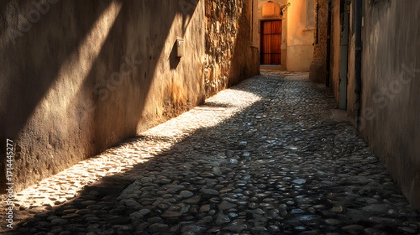 Fototapeta Cobblestone street bathed in light reveals a journey through the historic european alleyway reflecting a charming old town atmosphere and inviting travel adventures toward an old