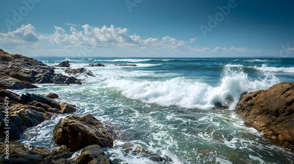 Fototapeta Ocean waves crash on rugged rocky coastline under a clear blue sky coastal seascape with seafoam and splashing water offering a dynamic natural beach scene perfect for travel