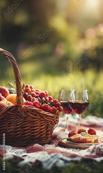Fototapeta Elegant picnic scene with wicker basket filled with fresh fruit and two glasses of red wine on a patterned blanket in a serene outdoor setting evokes relaxation and enjoyment of