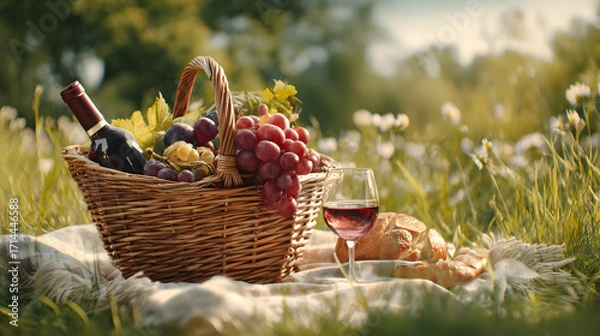 Fototapeta Summer picnic in meadow featuring a wine bottle grapes and bread displayed in a basket with a glass of wine offering a fresh and relaxed countryside lifestyle scene ready to enjoy